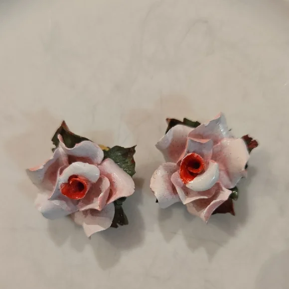Vintage Rosette Clip Pink and Red Rose Earrings, Garden Party, Hamptons Chic - Picture 8 of 10